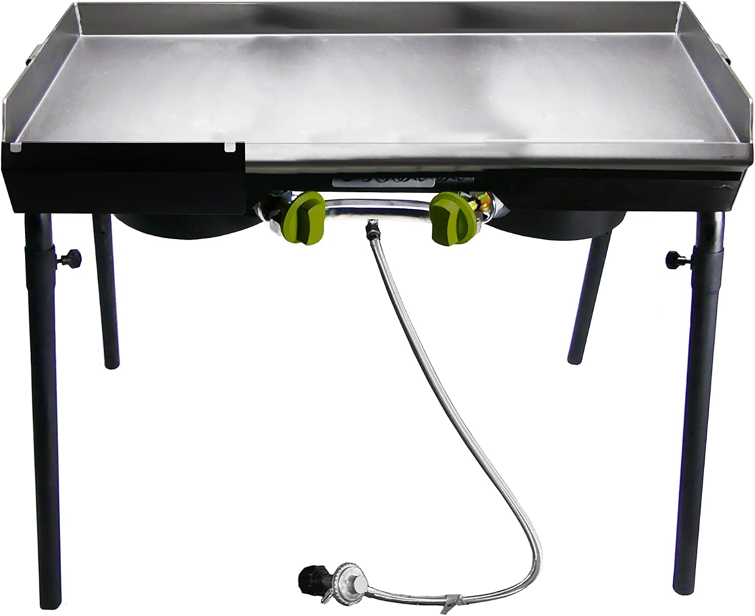 Bayou Classic Dual Patio Camp Stove w/Double Griddle Features Dual 6-in Cast Aluminum Burners 27-in Tall Cooker 13.5-in x 13.5-in Square Removable Griddle Perfect For Backyard Chefs Tailgates