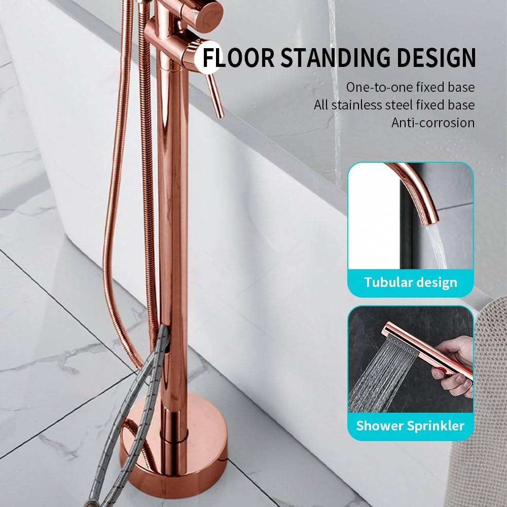 Floor Mount Bathtub Faucet, Freestanding Tub Filler, Standing Swivel Spout Shower Faucets Shower Mixer Taps with Cylinder Handheld Shower (Rose Gold, With Embedded Box)