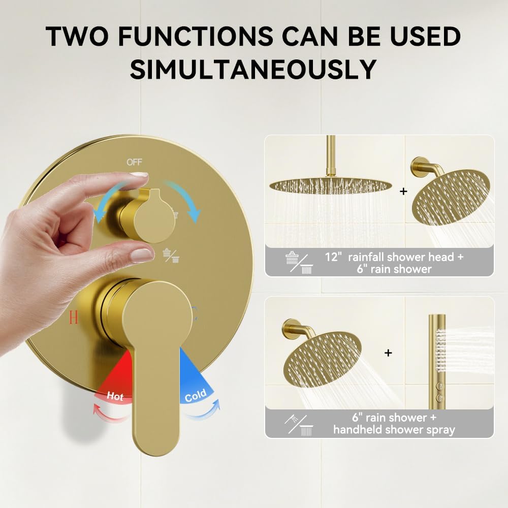 Shower Systems Shower Faucet Sets STARBATH 3 Way 12+6' Round Dual Rainfall Shower Head with Handheld Spray Combo, Ceiling Mounted Rain Shower Valve with 5 Diverter and Trim Kit Complete, Brushed Gold