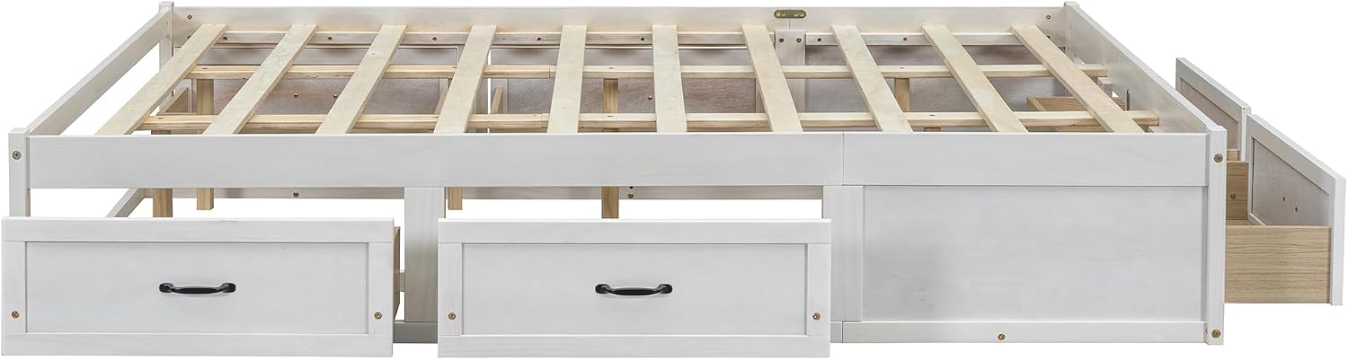 SOFTSEA Farmhouse Queen Size Bed Frame with 6 Drawers, Wood Storage Bed No Headboard with Support Slats, Solid Wood Platform Bed Frame with Drawers, No Box Spring Needed, Easy Assembly, Antique White