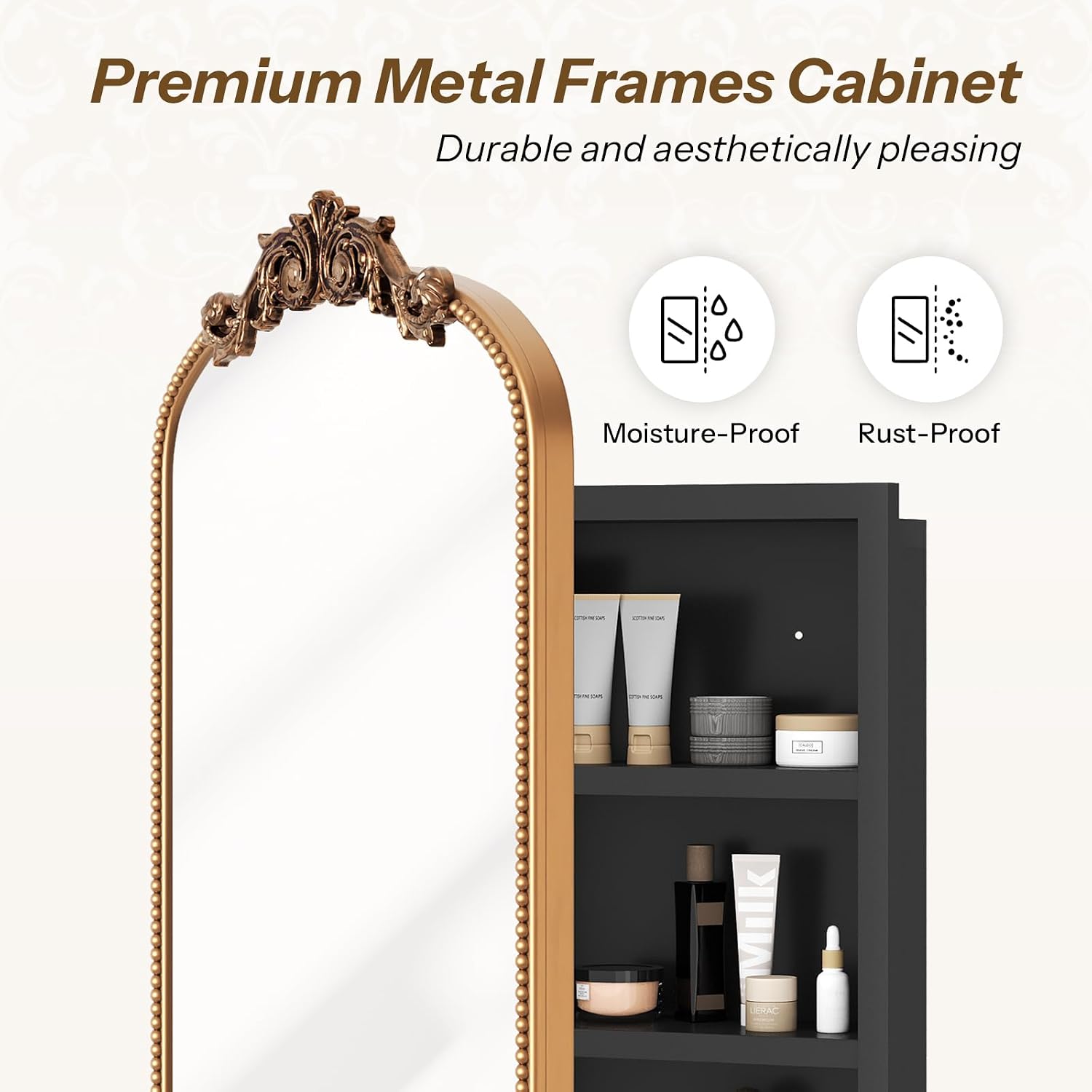 Bathroom Medicine Cabinet with Mirror, Sturdy, Durable & Easy Installation, Vintage Metal Frame (Gold Beads, 16'x24')