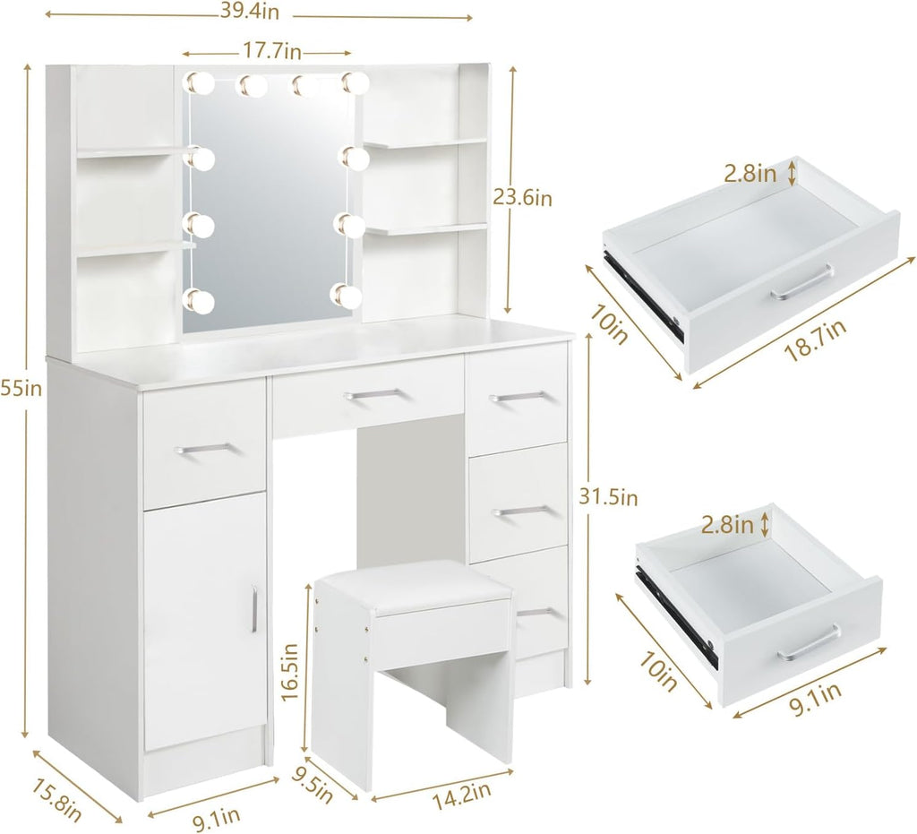 Makeup Vanity Desk with Mirror and Lights, Makeup Vanity Table and Chair Set, Makeup Desk with 5 Drawers & Storage Shelves, 3 Color Modes Adjustable, Vanity Set with Mirror, Dressing Table for Bedroom