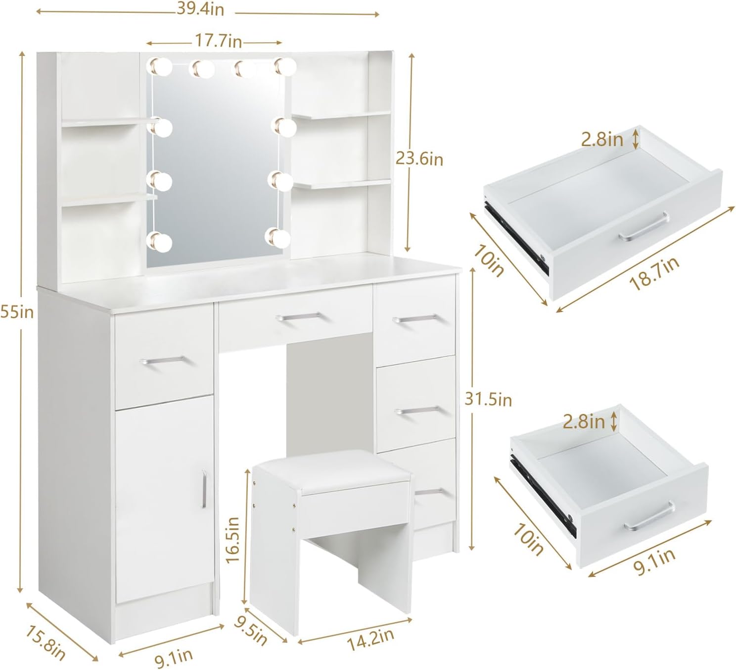 Makeup Vanity Desk with Mirror and Lights, Makeup Vanity Table and Chair Set, Makeup Desk with 5 Drawers & Storage Shelves, 3 Color Modes Adjustable, Vanity Set with Mirror, Dressing Table for Bedroom