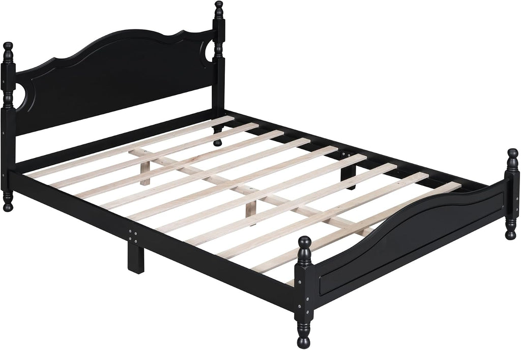 Flieks Queen Size Wood Platform Bed Frame for Boys Girls Kids Toddler,Retro Style Platform Bed with Wooden Slat Support,Black