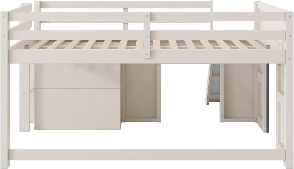 Harper & Bright Designs Low Loft Bed Full Size with Slide and Drawers for Saving Spcae, Wood Loft Bed Frame with Storage, Beige+Grey