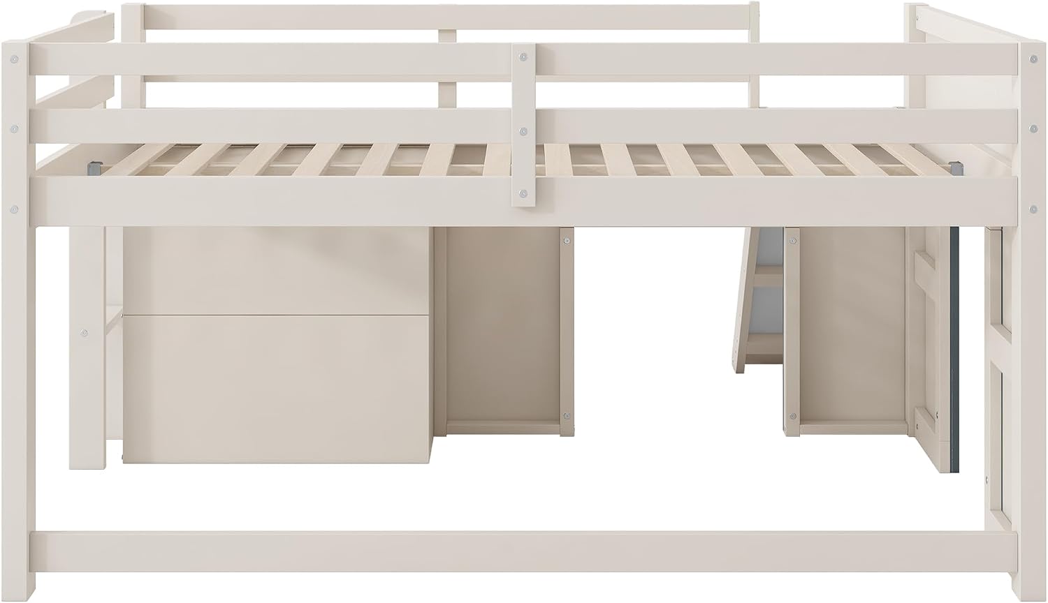 Harper & Bright Designs Low Loft Bed Full Size with Slide and Drawers for Saving Spcae, Wood Loft Bed Frame with Storage, Beige+Grey