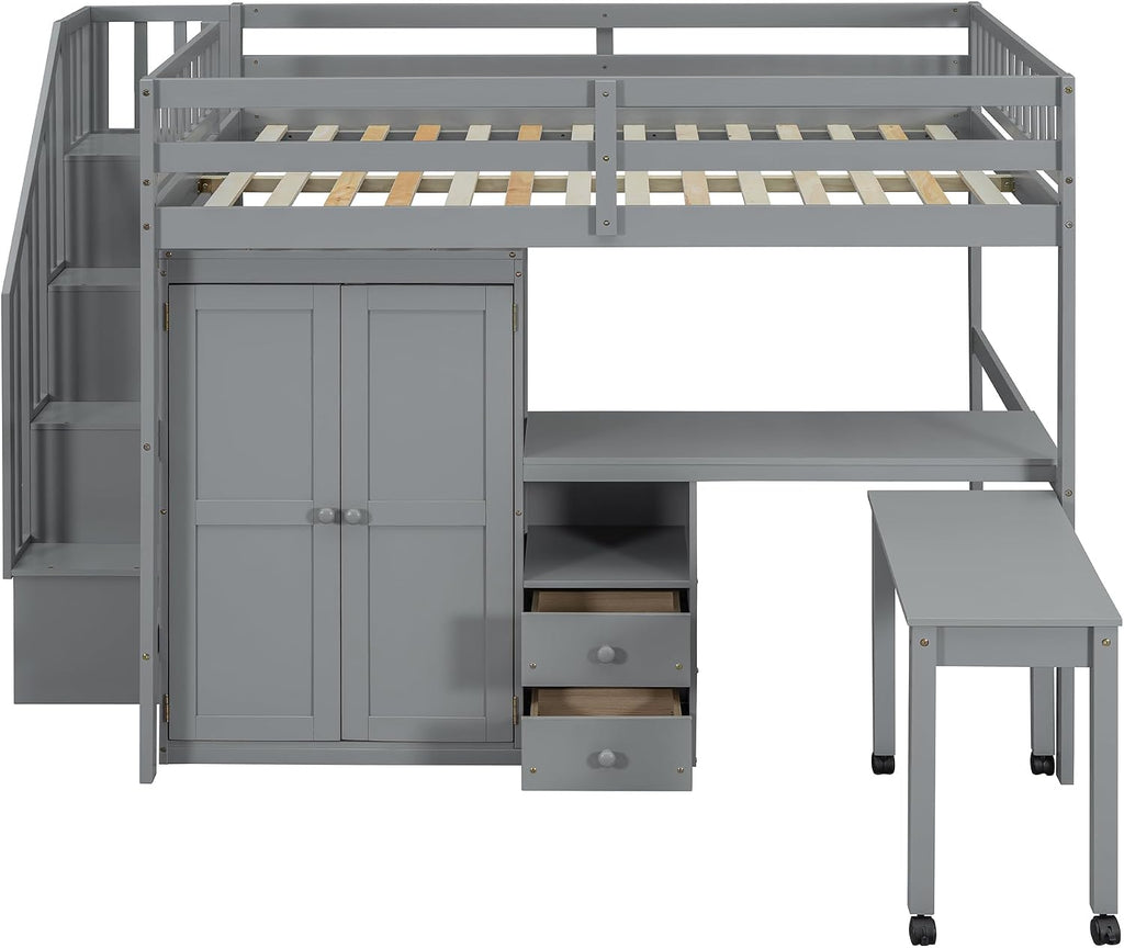 Merax Full Multifunction Loft Bed with Desk, Wardrobe, Drawers, Wood Loft Bed with Staircase & Full Length Gardrails for Boys, Girls, No Box Spring Needed Gray