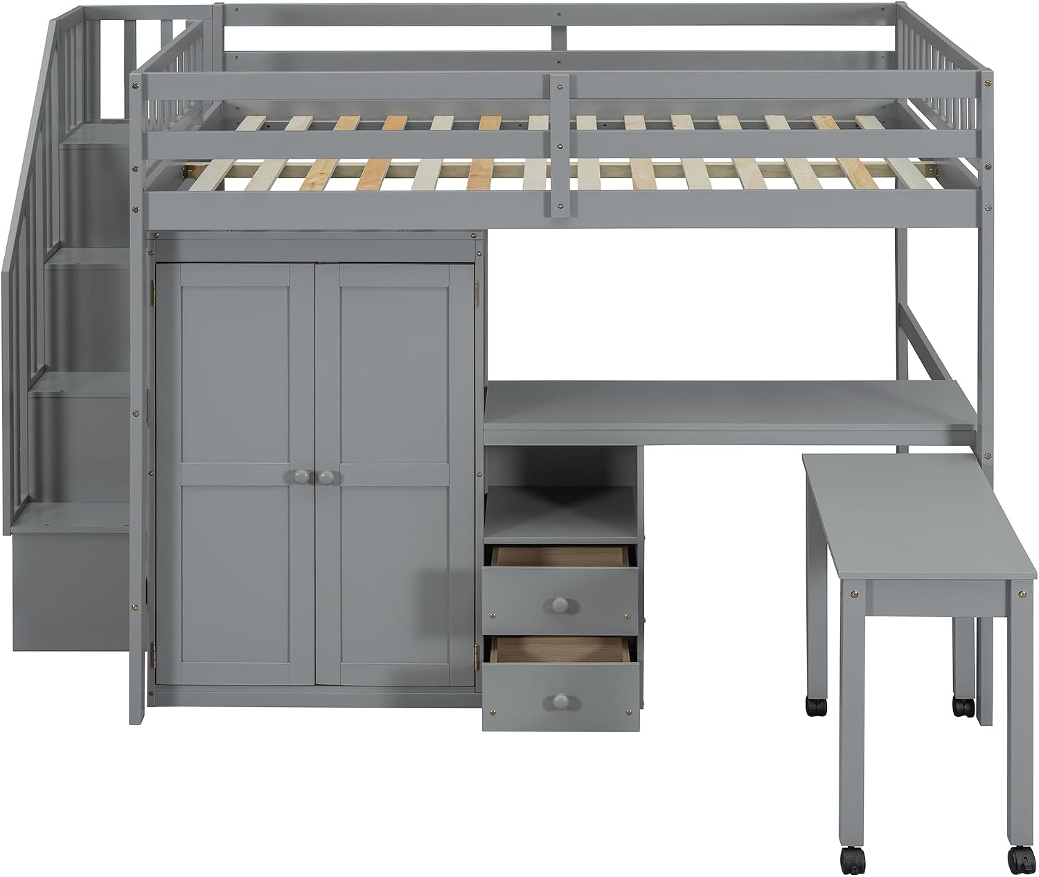 Merax Full Multifunction Loft Bed with Desk, Wardrobe, Drawers, Wood Loft Bed with Staircase & Full Length Gardrails for Boys, Girls, No Box Spring Needed Gray