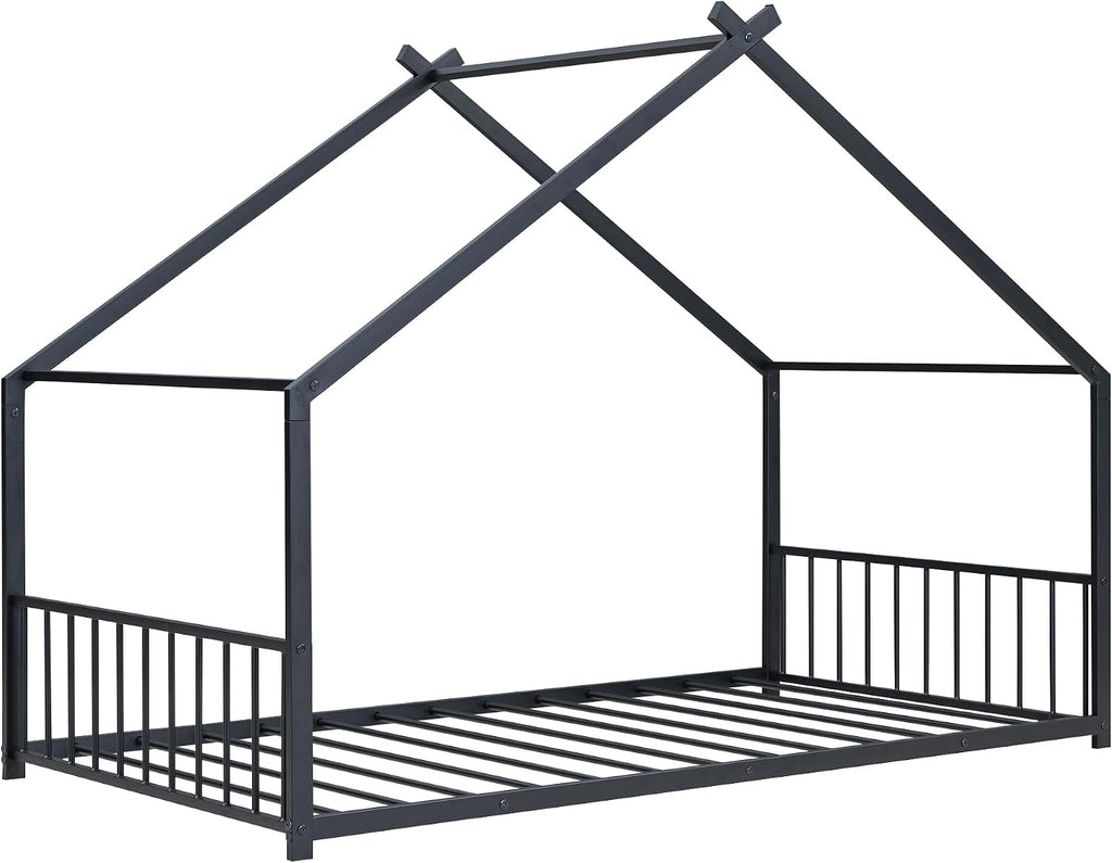 Bellemave Twin Size Floor BedFrame with Slats for Kids, Metal Montessori Floor Beds, Twin House Bed for Kids, Black with roof