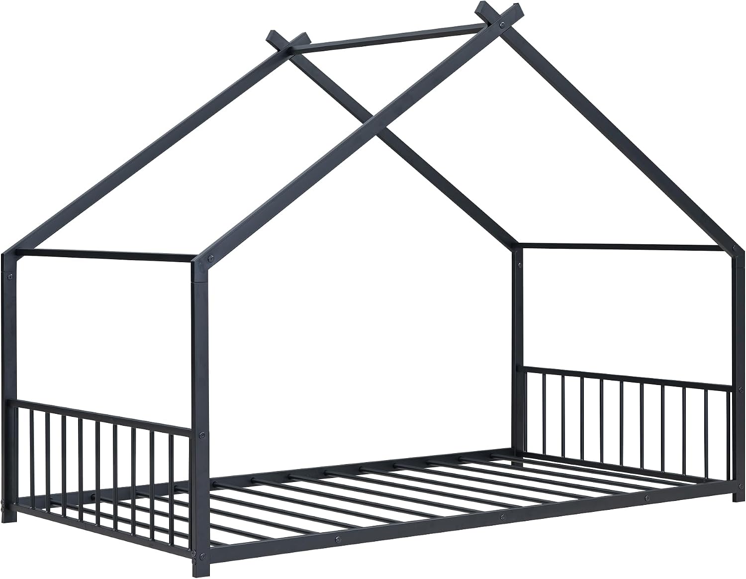 Bellemave Twin Size Floor BedFrame with Slats for Kids, Metal Montessori Floor Beds, Twin House Bed for Kids, Black with roof