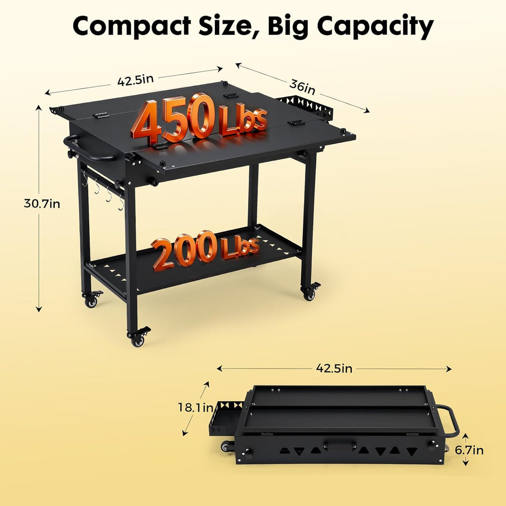 Portable Outdoor Grill Table with Wheels, Heavy-Duty Steel Prep Table, Folding Griddle Stand with Shelves, Bottle Opener, No Assembly Required, for BBQ, Pizza Oven, Patio