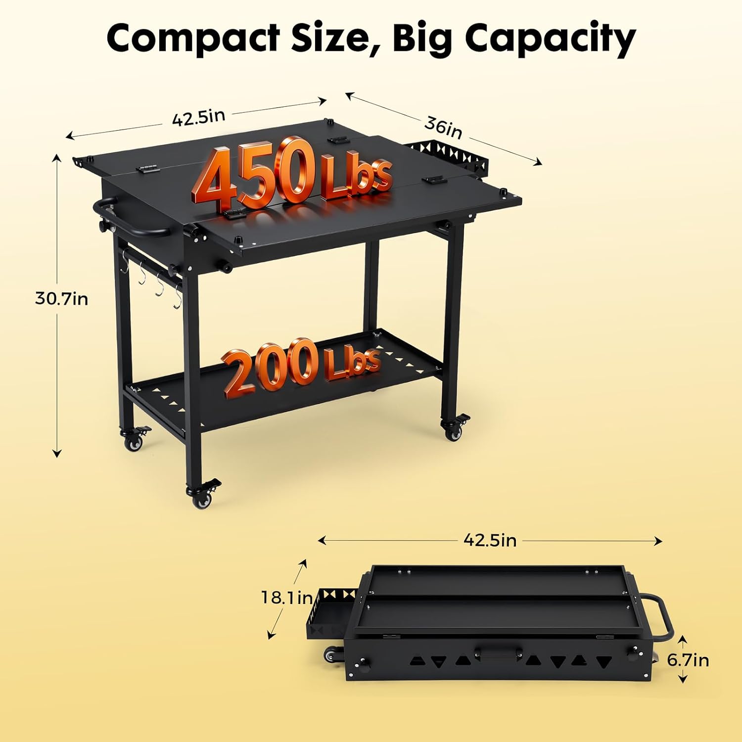 Portable Outdoor Grill Table with Wheels, Heavy-Duty Steel Prep Table, Folding Griddle Stand with Shelves, Bottle Opener, No Assembly Required, for BBQ, Pizza Oven, Patio