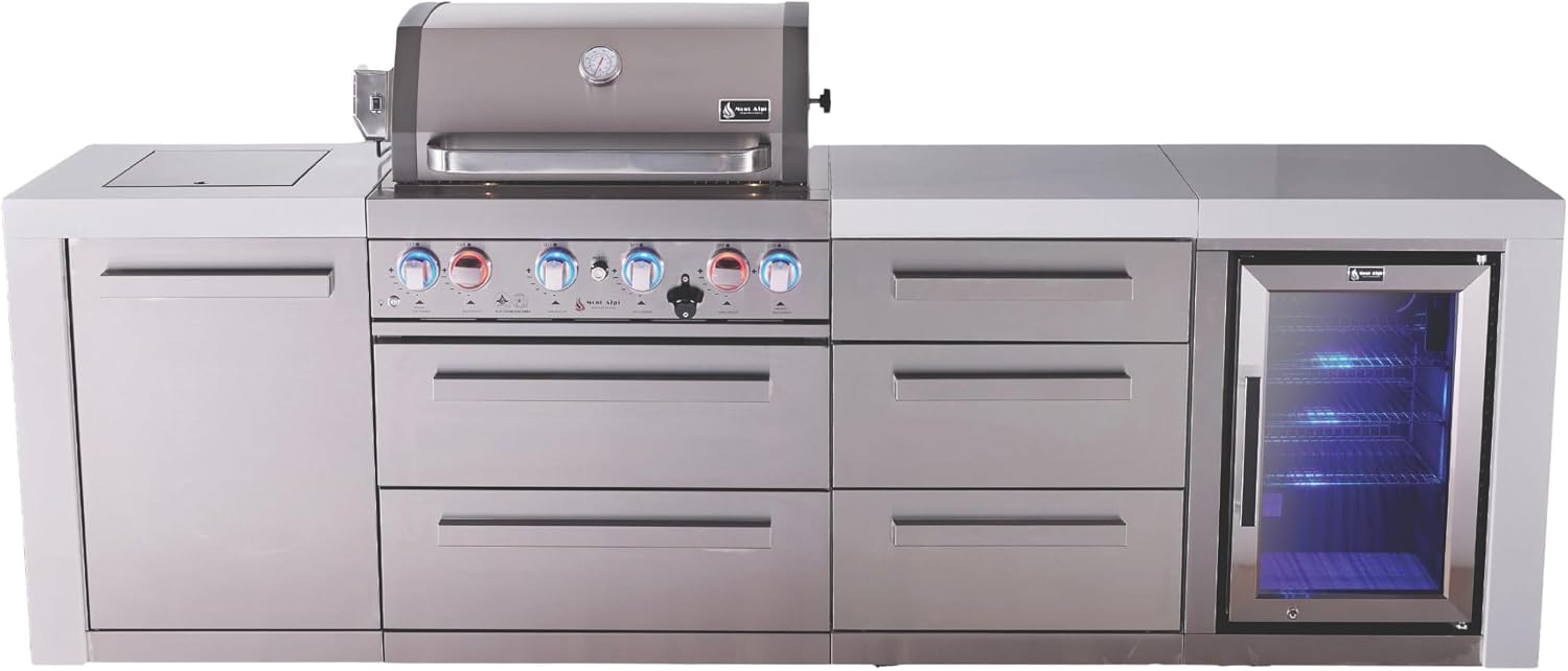 Mont Alpi 107'W x 23'D x 46'H Deluxe Stainless Steel Outdoor Kitchen Island with Refrigerator + 32'W 4-Burner BBQ Grill + Granite Countertops & Sides + Storage + Chopping Board + Rotisserie + Cover