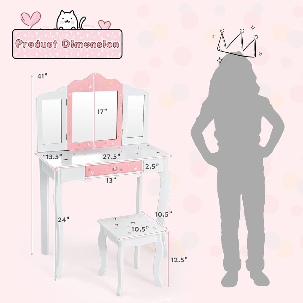 Costzon Kids Vanity & Jewelry Armoire Cabinet, Kids Makeup Vanity Table and Chair Set, Standing Jewelry Organizer with Full-Length Mirror, Kids Bedroom Furniture Set for Girls (White)