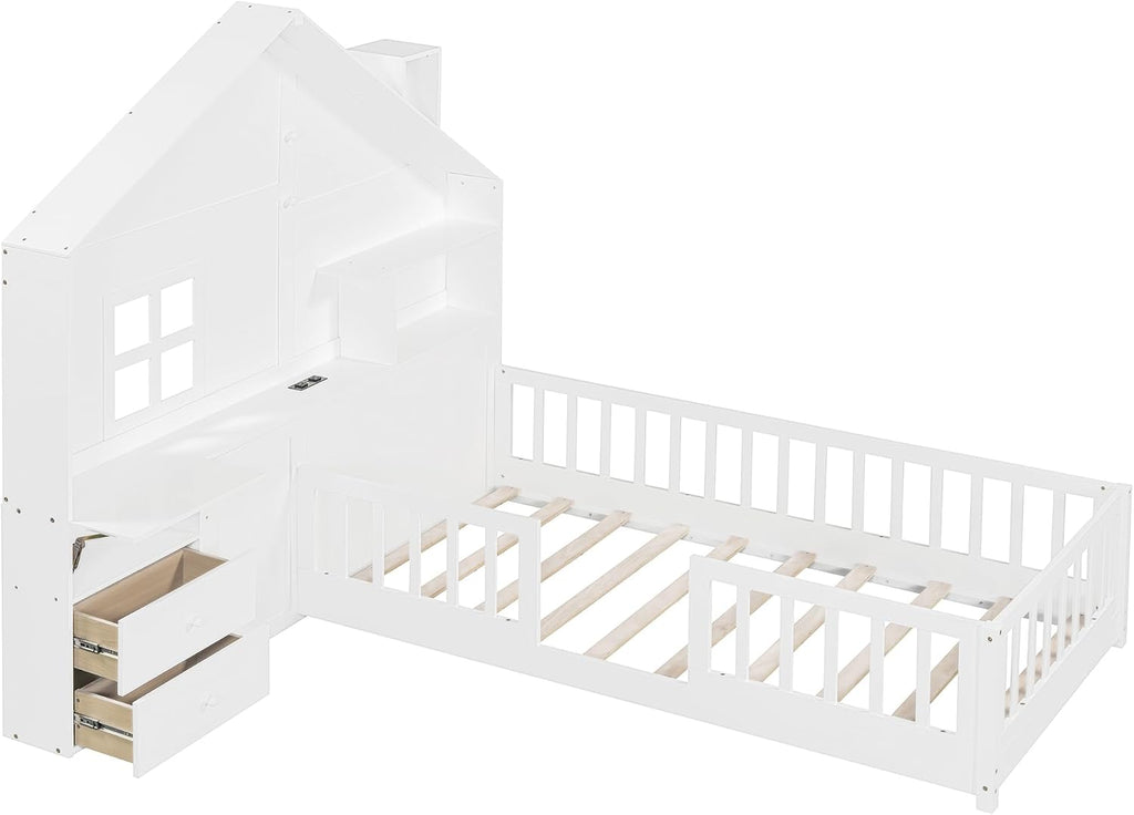 VilroCaz Twin Size Kids Floor Bed with Safety Fence, Solid Wood Montessori Platform Bed with House Shape Headboard with Bedside Drawers, Shelves, Sockets and USB Port for Kids Boys Girls (White-LT1)