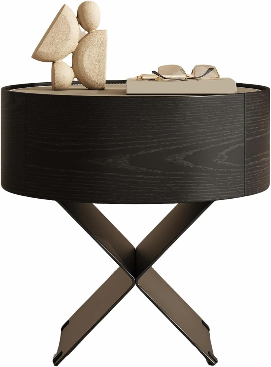 Modern Minimalist Circular Bedside Table, Black Wood Grain Storage Cabinet with Single Drawer, Suitable for Minimalist Decoration in bedrooms and Living Rooms((16x16x20in))