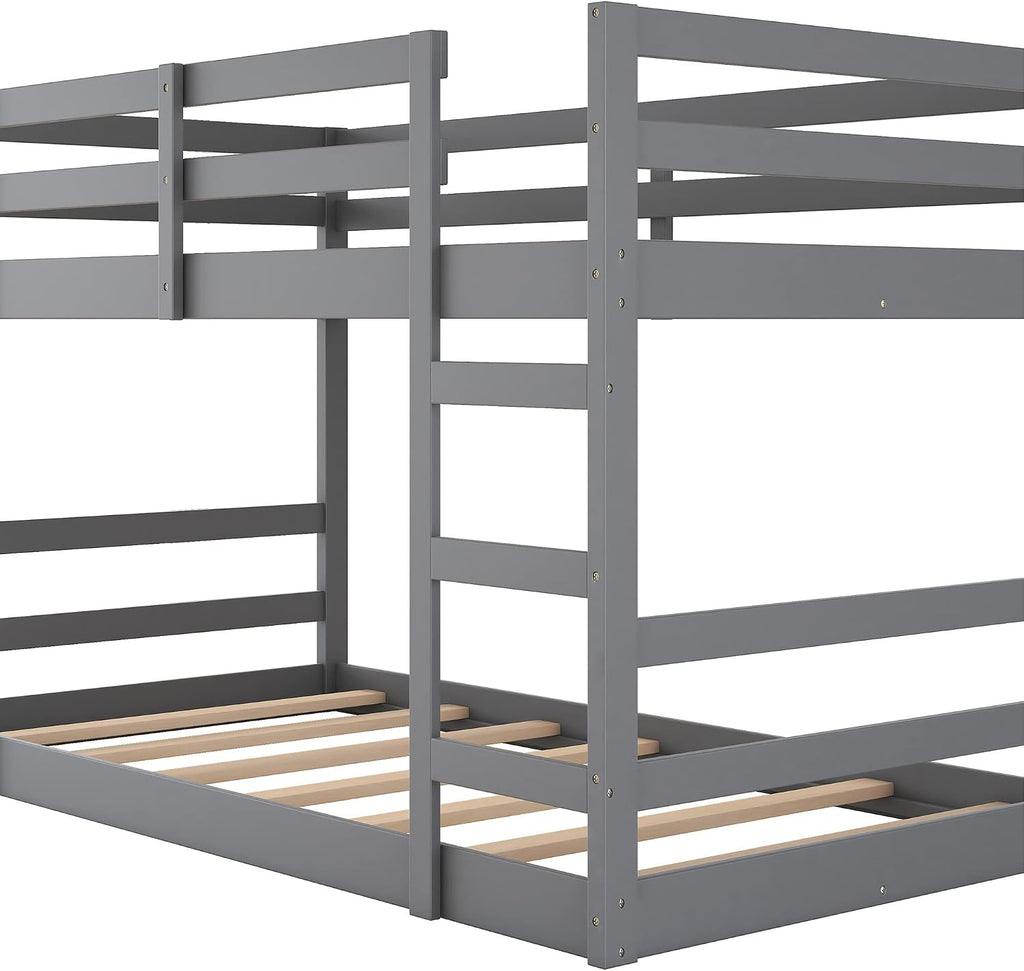 Ball & Cast Twin Over Full Bunk Bed with Two Drawers,Convertible Solid Wood Bed Frame with Ladder & Full Length Guardrails, Detachable Bunk Beds for Kids,Teens,Space Saving, No Box Spring Needed,Grey