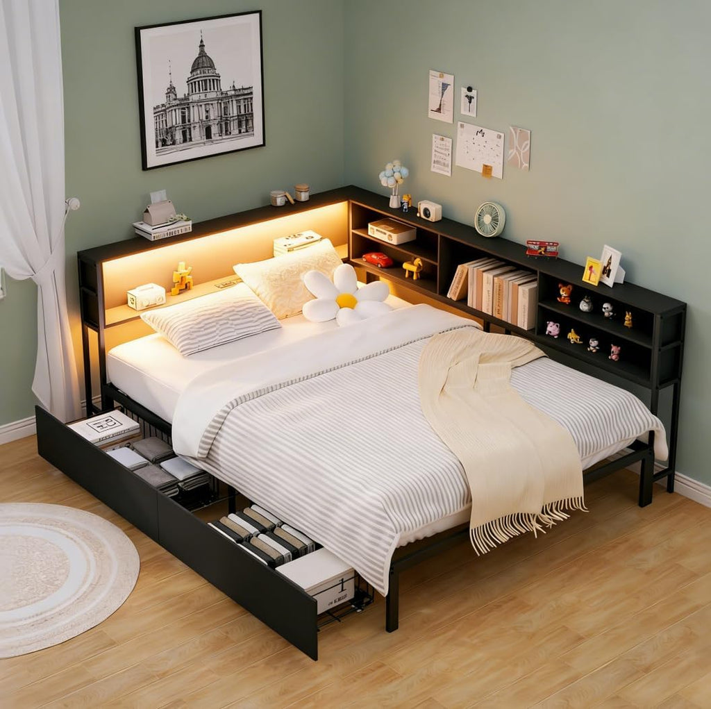 Bellemave Full Corner Bed Frame with Storage, Full Captains Bed with Charging Station, LED Light, Wood Daybeds with L-Shaped Bookcase and 2 Drawers, Black