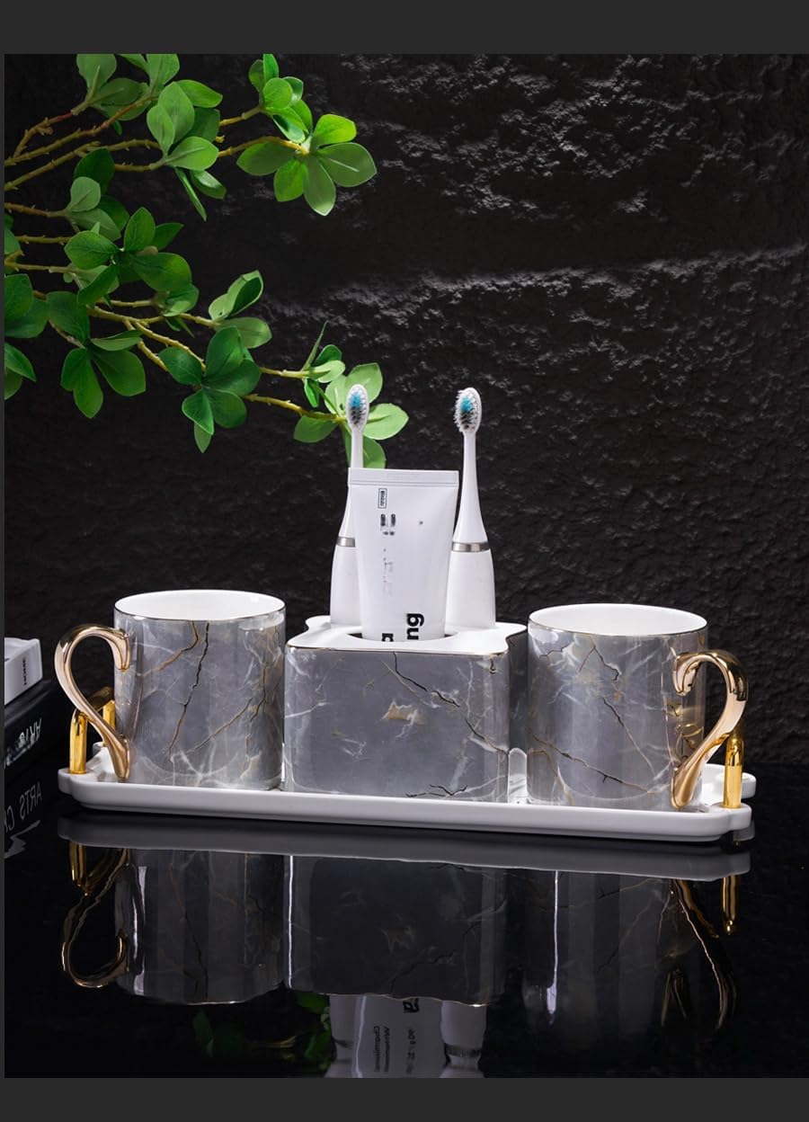 Bathroom Organizer Countertop,Bathroom Accessories Sets Complete Modern Simple Marble Vein Bathroom Countertop Organizer with Bamboo Tray Easter Bathroom Decor Western Modern Home Decor Platinum Cup