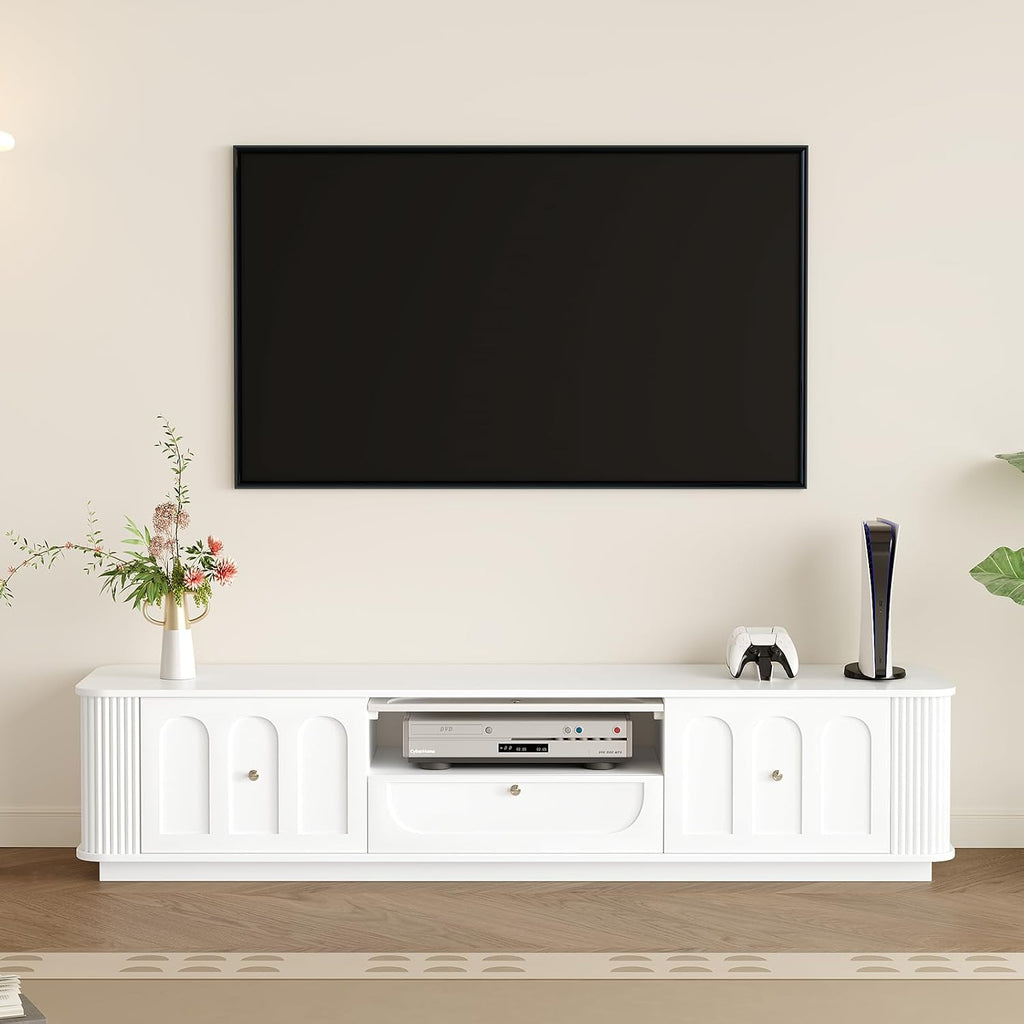 White Tv Stand for Living Room, 70in Media Console with Storage & 3 Drawers & 2 Open Shelves with Sliding Doors, Modern Entertainment Center with Cable Management for Bedroom