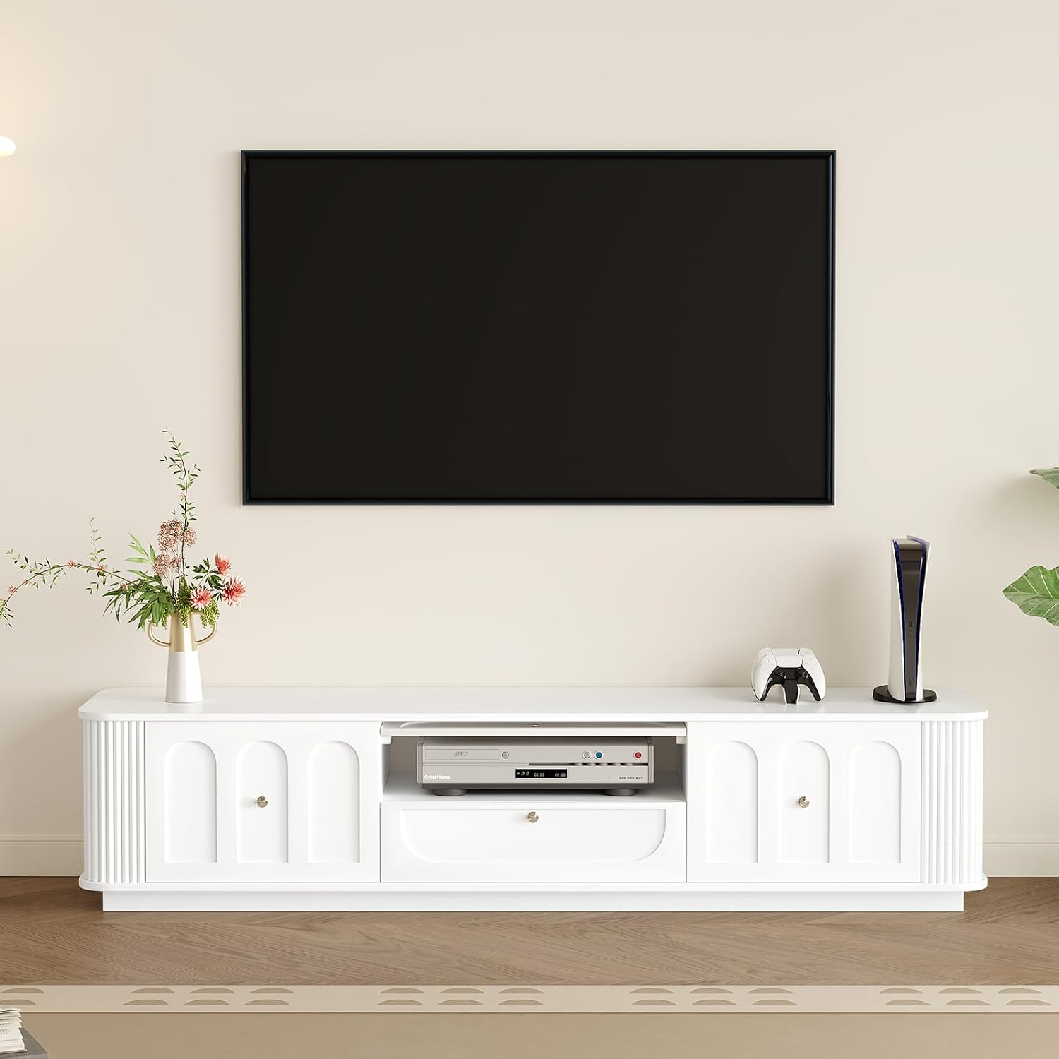 White Tv Stand for Living Room, 70in Media Console with Storage & 3 Drawers & 2 Open Shelves with Sliding Doors, Modern Entertainment Center with Cable Management for Bedroom