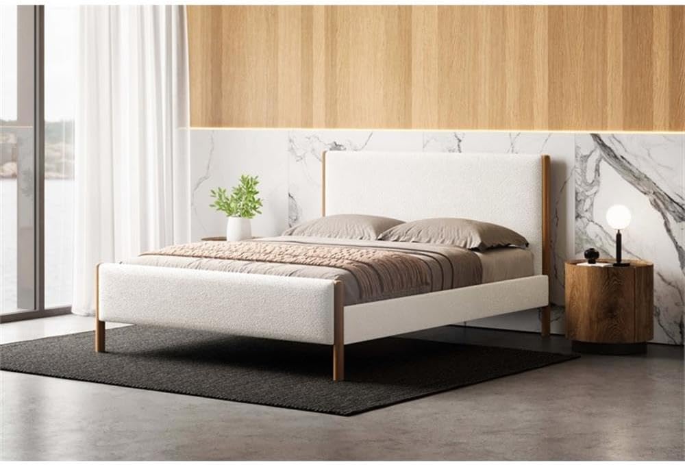 Liana Modern Style Upholstered Platform Bed with Soft Boucle Fabric and Solid Wood Legs - Box Spring Not Required - White Boucle, Queen Size