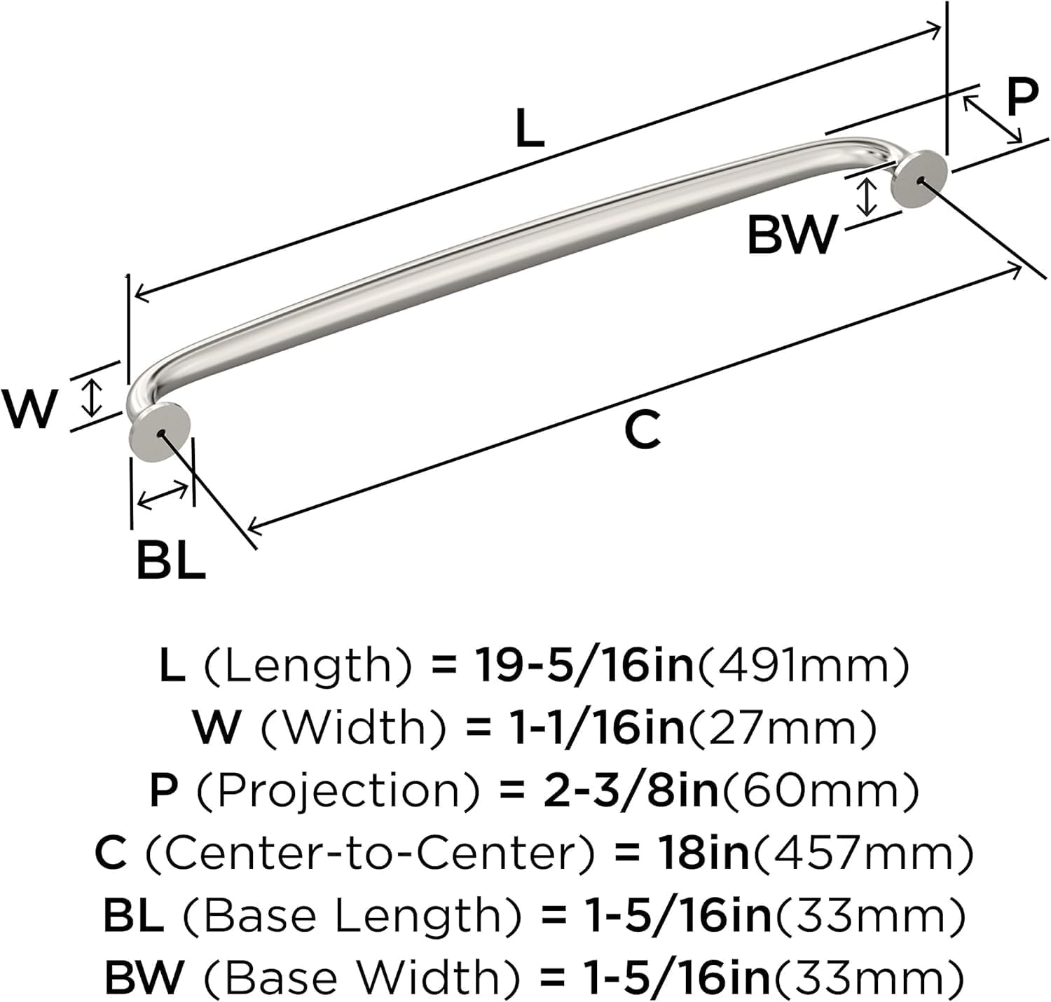 Amerock BP54056PN | Renown 18 inch (457 mm) Center to Center Polished Nickel Appliance Pull | Kitchen Cabinet Hardware | Furniture Hardware | Drawer Handle