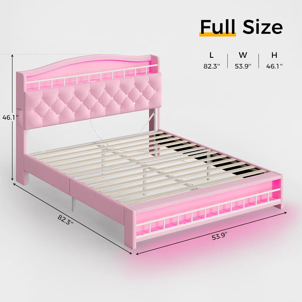 BTHFST Full Szie Girls Bed with LED Lights & Charging Station, Princess Full Size Bed Frame with Hidden Storage Headborad, Sturdy Platform Bed, No Box Spring Needed/Noise-Free/Easy Assembly, Pink