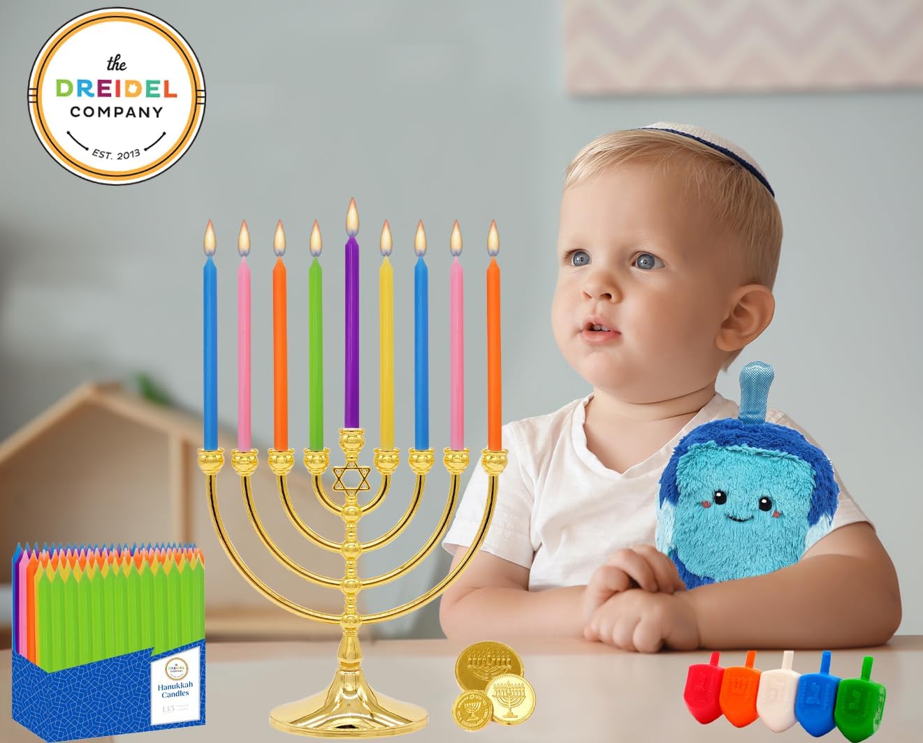 Deluxe Tapered Hanukkah Menorah Candles, Crayon Design, Family Pack, Multicolored (10-Pack)
