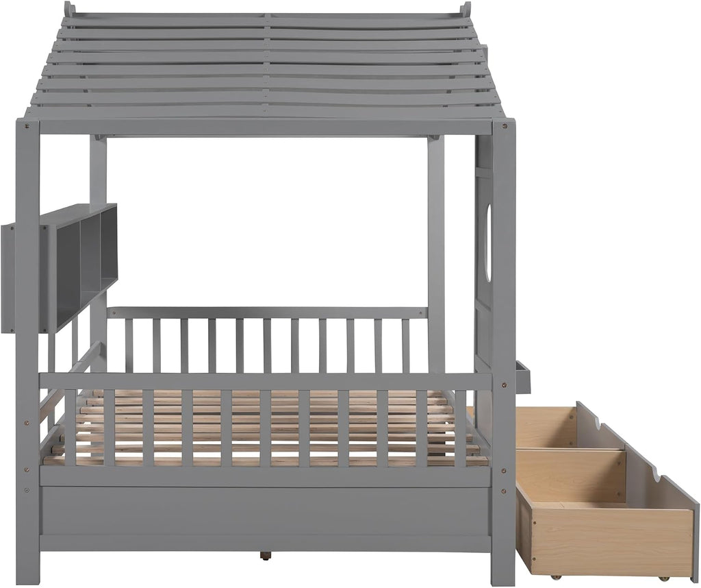 VilroCaz Full Size House Bed with 2 Drawers and Storage Shelf, Playhouse Design Solid Wood Kids Platform Bed Frame for Girls Boys, Decorable Daybed with Sturdy Slats Support, Space-Saving (AF-Gray)