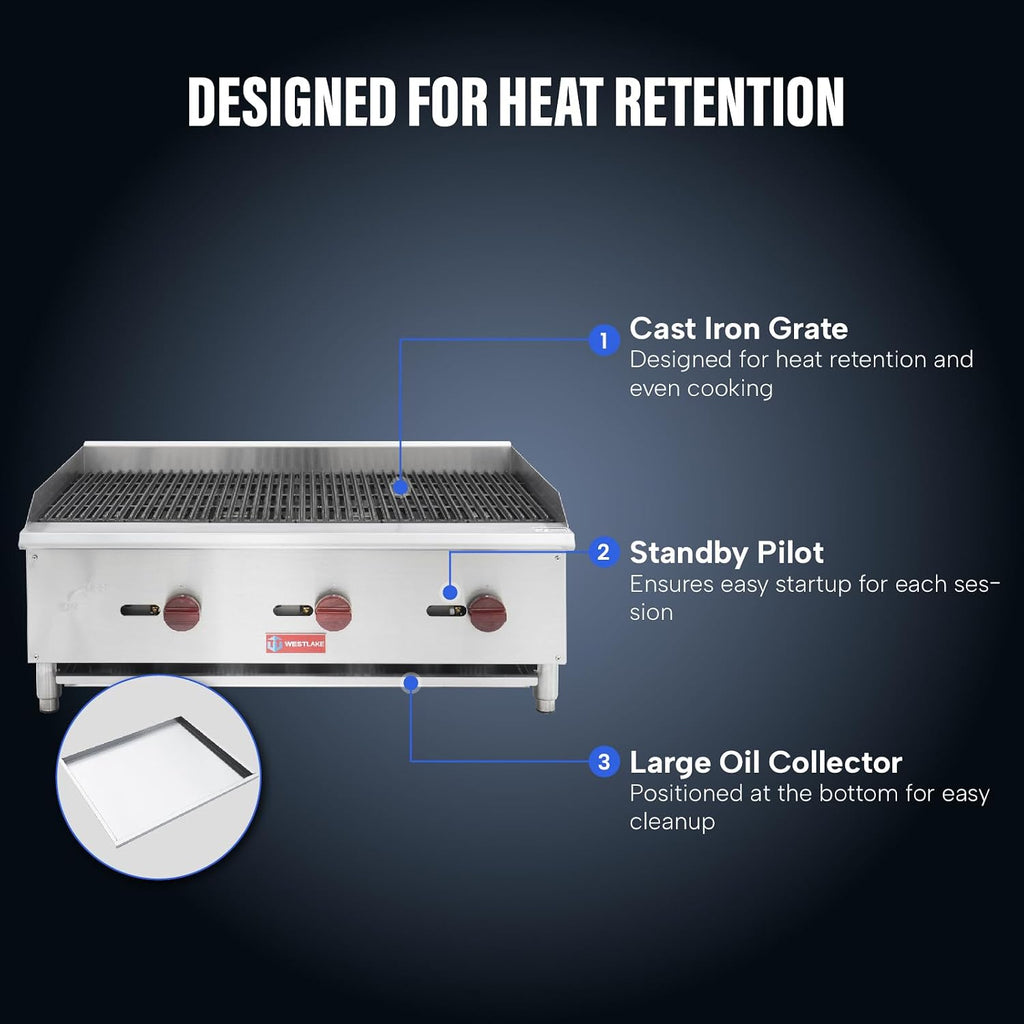 WESTLAKE 36'W Commercial Charbroiler Gas Countertop 3 Burner Natural Gas and Propane 90,000 BTU Char Broiler Stainless Steel BBQ Stove Grill for Restaurants