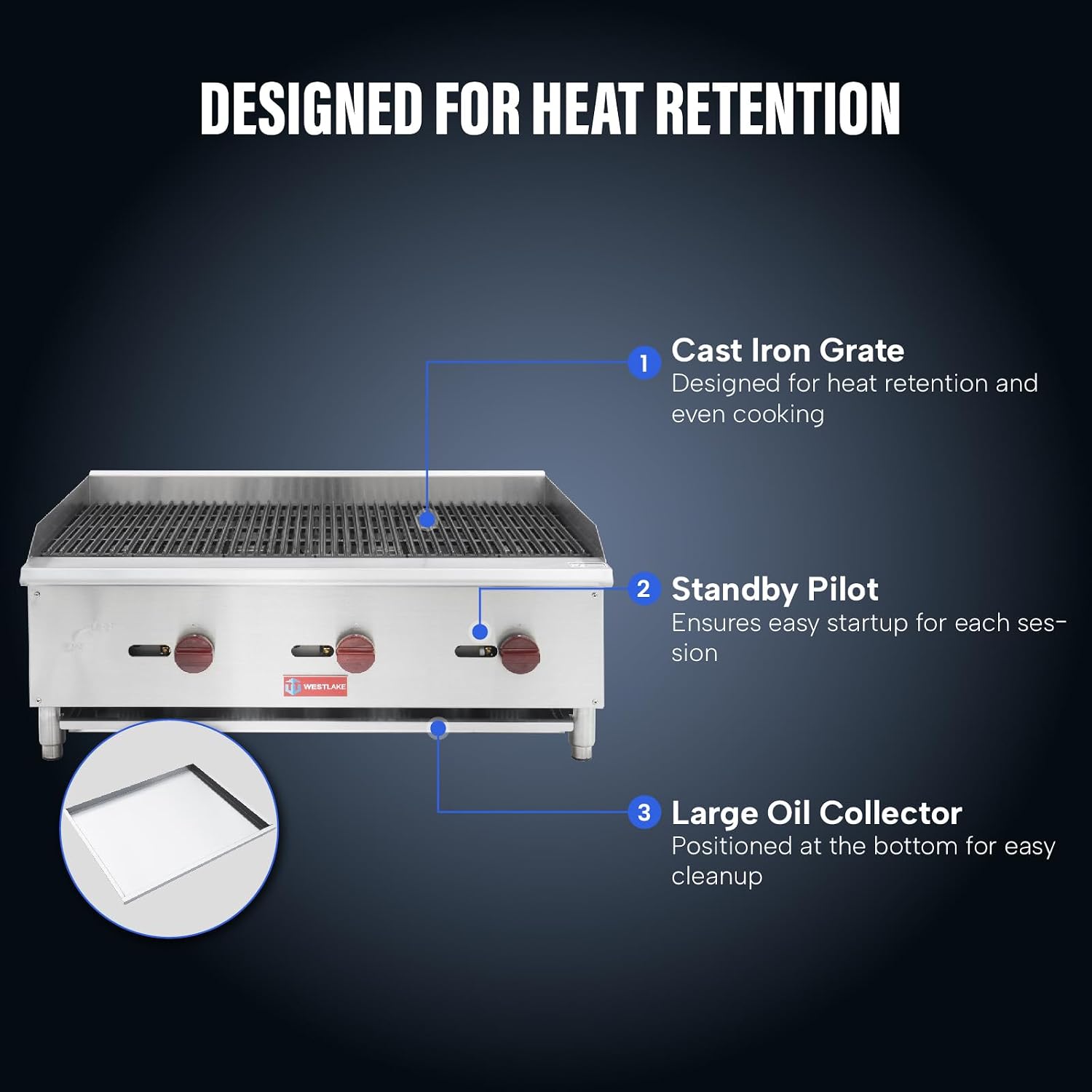 WESTLAKE 36'W Commercial Charbroiler Gas Countertop 3 Burner Natural Gas and Propane 90,000 BTU Char Broiler Stainless Steel BBQ Stove Grill for Restaurants