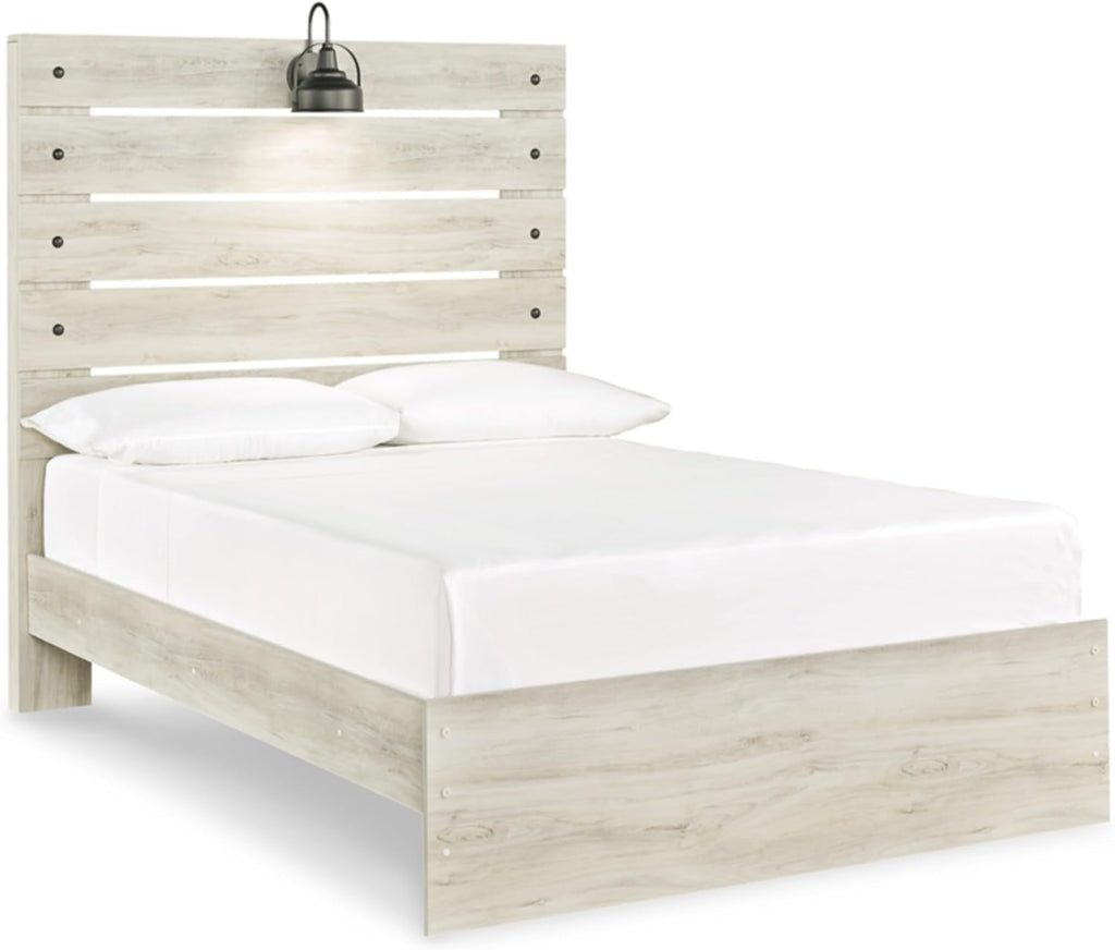 Signature Design by Ashley Cambeck Farmhouse Full Panel Bed with Sconce Light and USB Ports, Foundation or Box Spring Needed, Whitewash