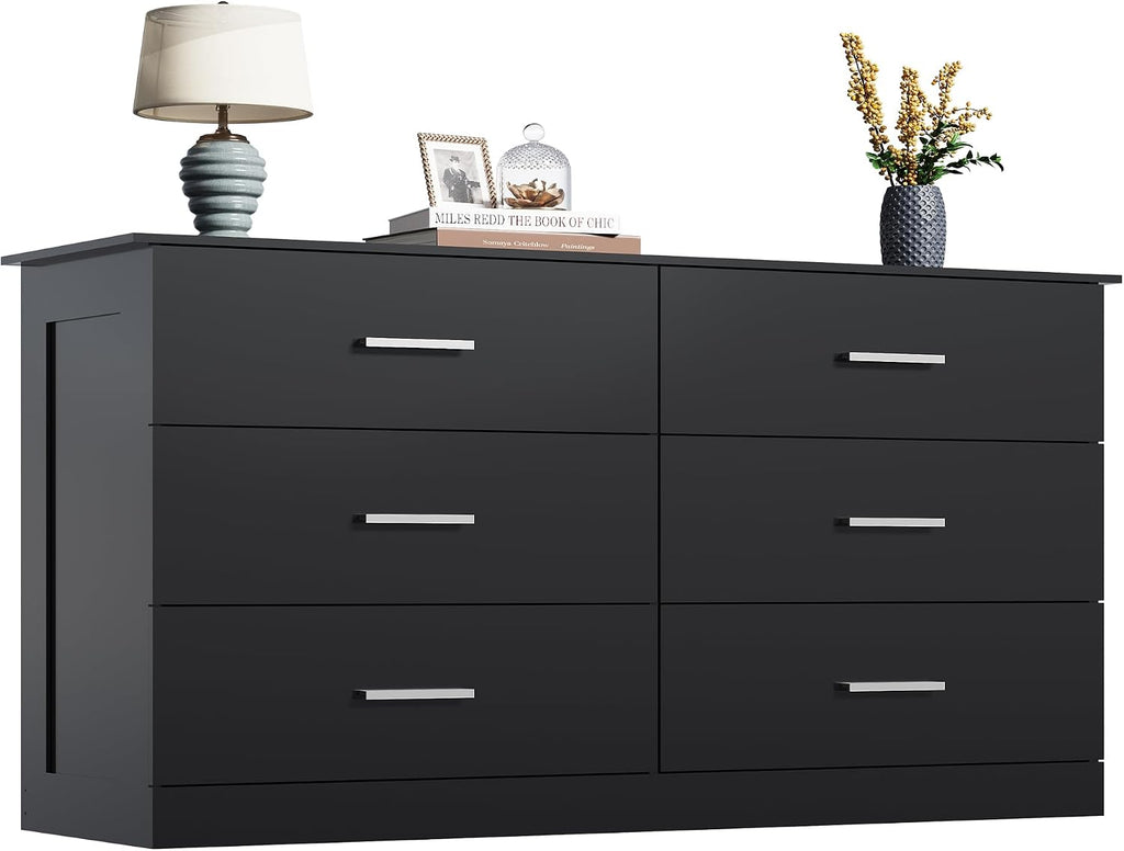 WLIVE Wood Dresser for Bedroom, Black 53'' Wide Chest of Drawers with 6 Drawer, Oak Furniture Large Storage Tower Unit, Closet Store Organizer for Living Room, Hallway, TV Stand, Modern Minimalist