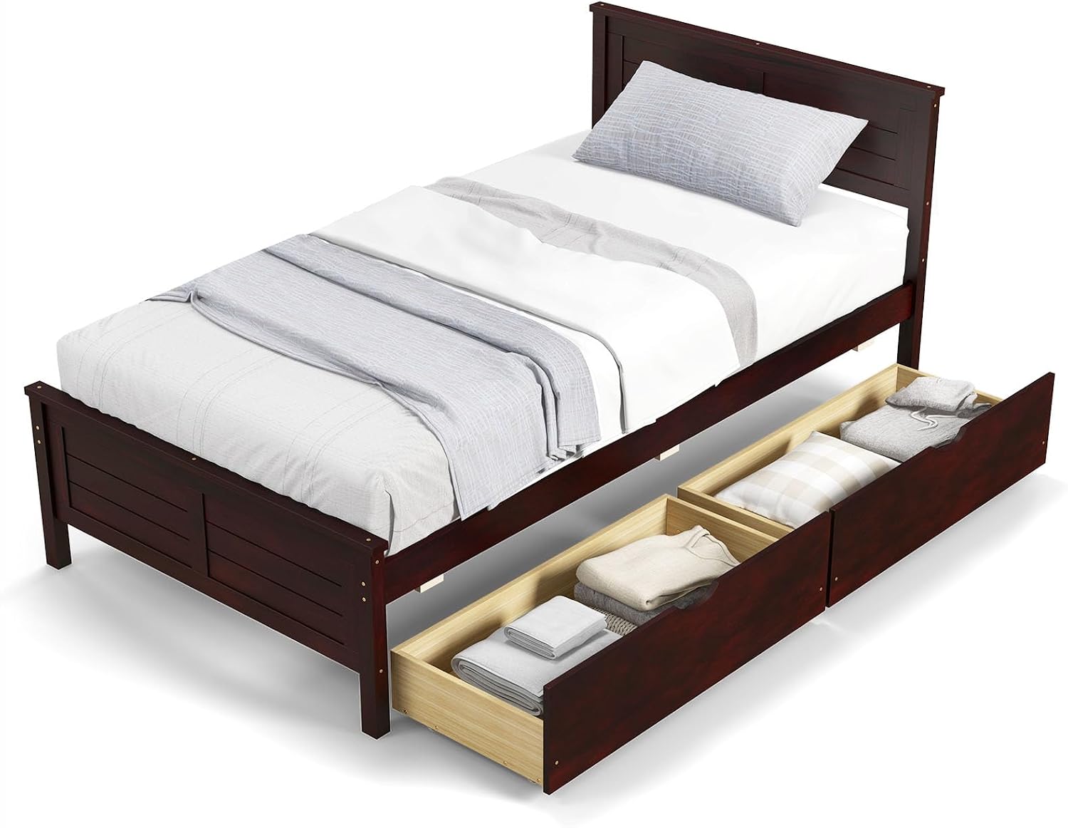 KOMFOTT Twin Size Wood Bed Frame with 2 Storage Drawers, Mid Century Platform Bed Frame with Headboard, Sturdy Wooden Slats Support, Modern Mattress Foundation, No Box Spring Required, Easy Assembly