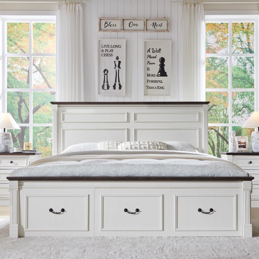 Aitjunz Farmhouse King Size Bed Frame with 51' Tall Headboard, Wood Platform Bed Frame with 20' Tall Roman Column Decoration Footboard & 3 Large Storage Drawers, No Box Spring Needed (White)