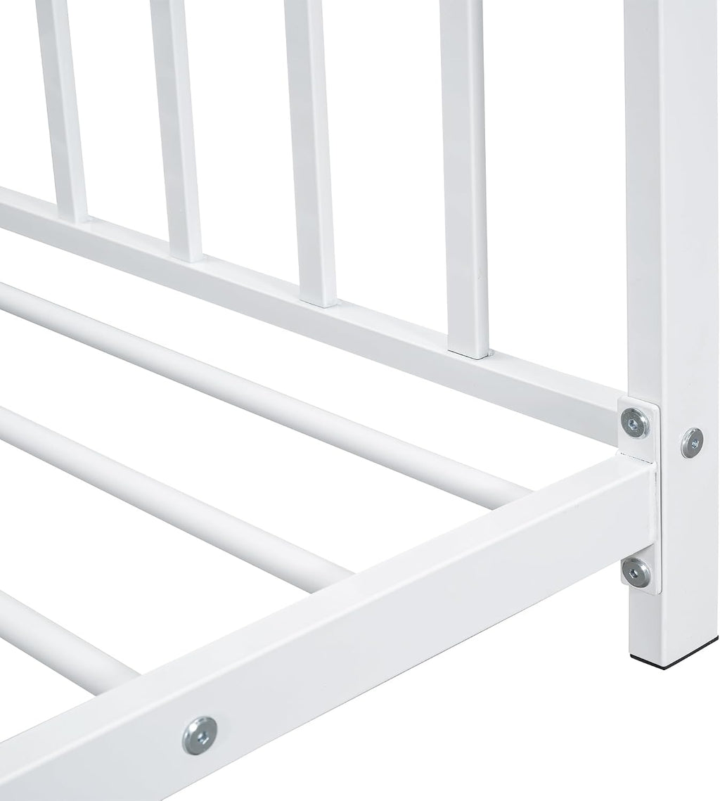 Bellemave Twin Size House Floor BedFrame for Kids, Metal Montessori Beds with slats, Twin House Beds for Kids Girls Boys, Wash White