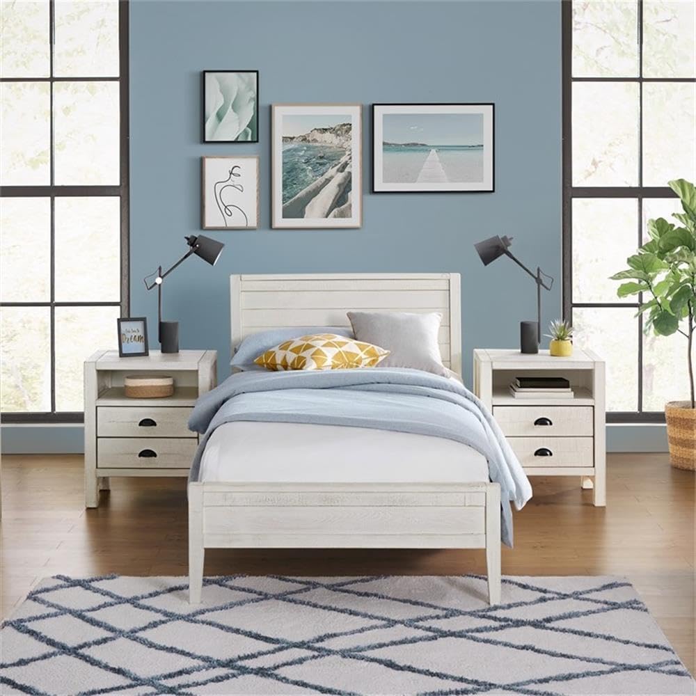 Alaterre Furniture Windsor 3-Piece Kids Bedroom Set - Twin Panel Bed with Rustic White Finish, Includes 2 Nightstands with Metal Drawer Glides, Perfect for Children's Room or Guest Room