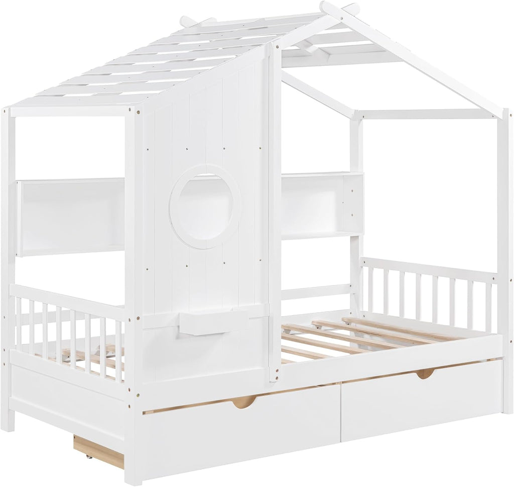 MERITLINE Twin Size Kids House Bed with 2 Drawers and Storage Shelf, Wooden Kids Montessori Bed Frame (White)