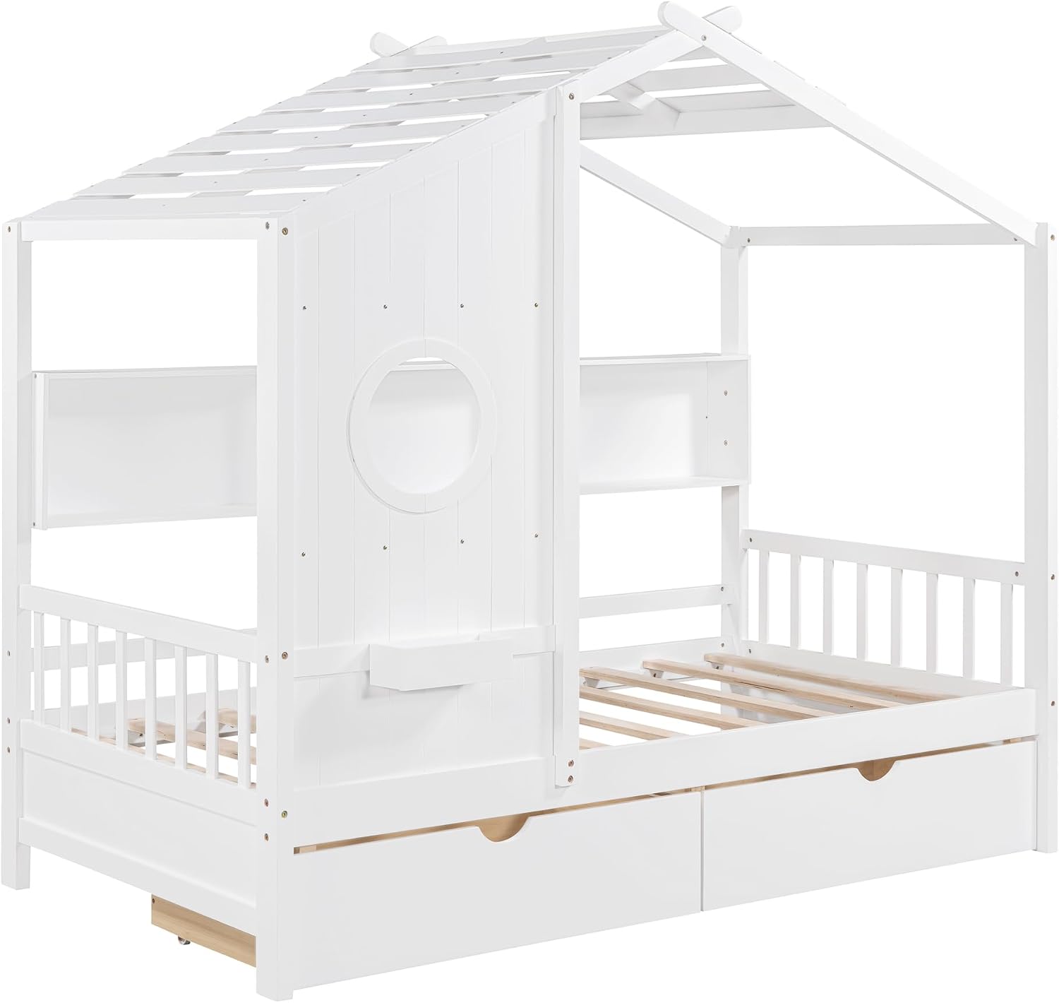 MERITLINE Twin Size Kids House Bed with 2 Drawers and Storage Shelf, Wooden Kids Montessori Bed Frame (White)