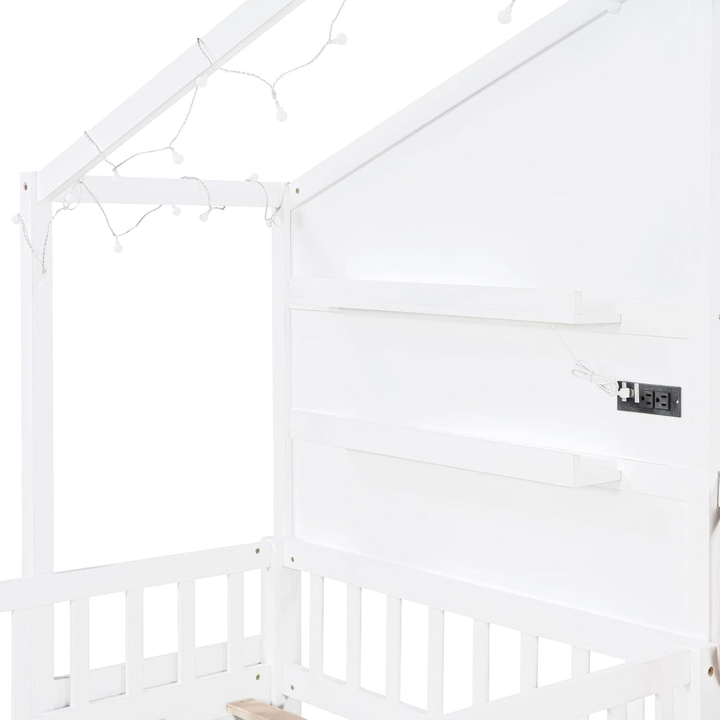 Twin Size House Bed with Upholstered Sofa and Safety Fence for Kids Boys Girls, Versatility Solid Wood Kids Platform Bed with Charging Station, Wireless Charging, Shelves and 2 Drawers (White-G1)