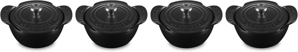Le Creuset Enameled Cast Iron Gourmand Collection Set of 4 Mini Round Cocotte, .3 qt., Matte Black w/Stainless Steel Knob