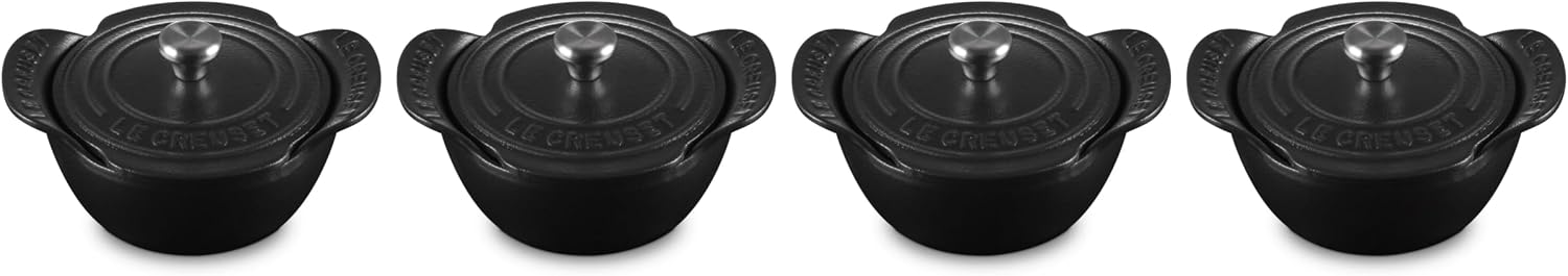 Le Creuset Enameled Cast Iron Gourmand Collection Set of 4 Mini Round Cocotte, .3 qt., Matte Black w/Stainless Steel Knob