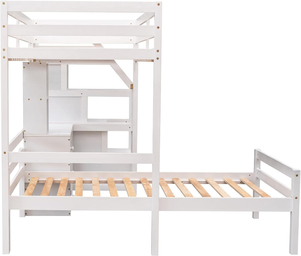 Harper & Bright Designs Twin Over Twin Bunk Bed with Desk, Heavy Duty Wood Loft Bedframe W/Shelves,Easy Assembly,Versatile Functional Bedroom Furniture Set for Boy Girl Teens,White