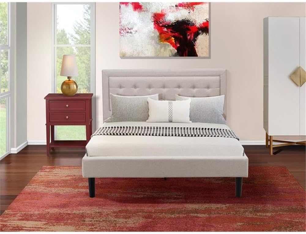 East West Furniture FN08Q-1VL13 2-Piece Fannin Queen Bed Set Furniture with 1 Queen Wood Bed Frame and a Night Stand - Reliable and Sturdy Manufacturing - Mist Beige Linen Fabric