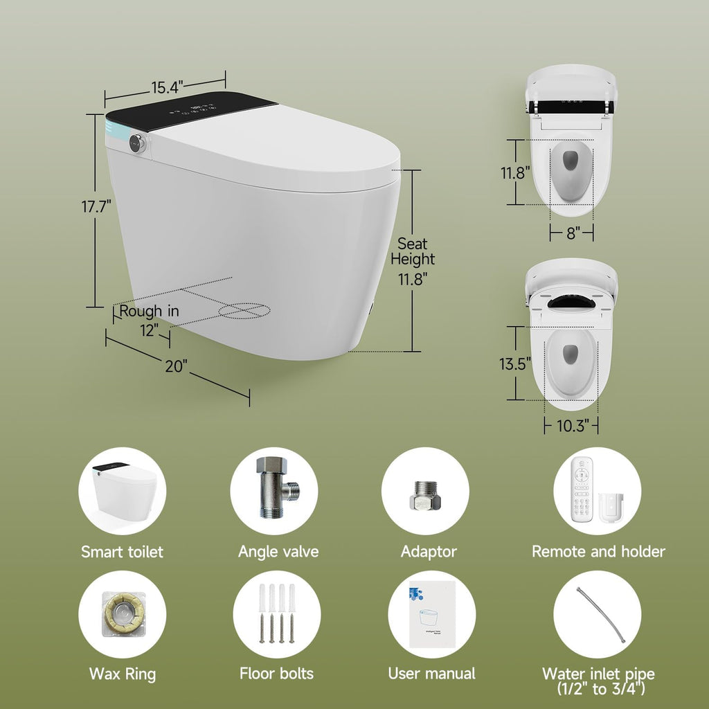 Smart Bidet Toilet Auto Open/Close Lid, Heated Seat with Warm Water Sprayer & Dryer, Tankless Smart Toilet with Auto Dual Flush,Foot Sensor Operation,One Piece Toilet for Bathrooms