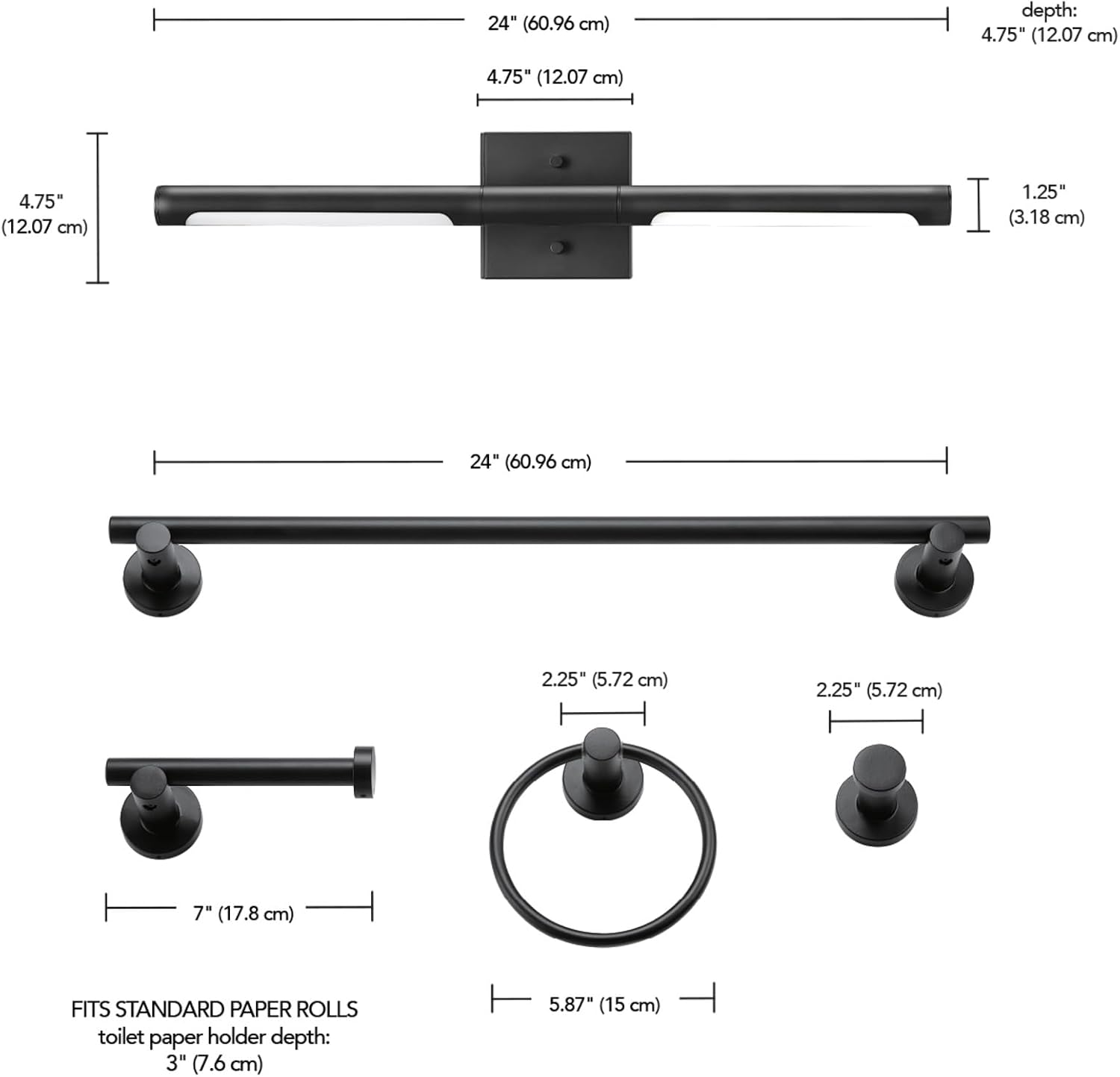 Globe Electric 63000203 5-Piece All-in-One Bathroom Set, 2-Light LED Vanity Light, Matte Black, 1200 Lumen, Towel Bar, Robe Hook, Toilet Paper Holder, Towel Ring, Bathroom Lights Over Mirror
