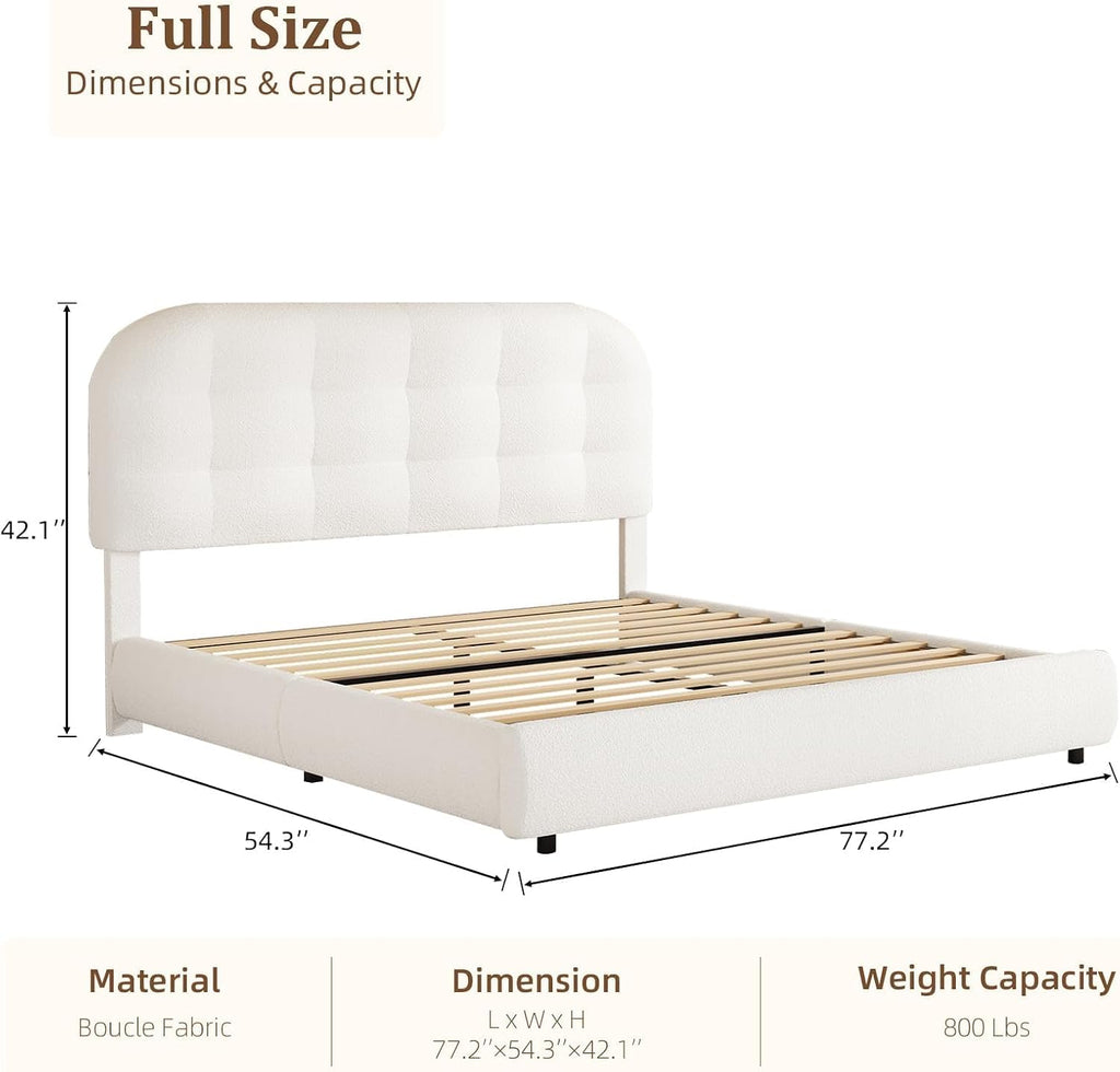 BarnFurin Full Size Bed Frame, Boucle Upholstered Platform Bed with Headboard, Cloud Bed Frame, Soft Rounded Corners, No Box Spring Required, Easy Assembly, White