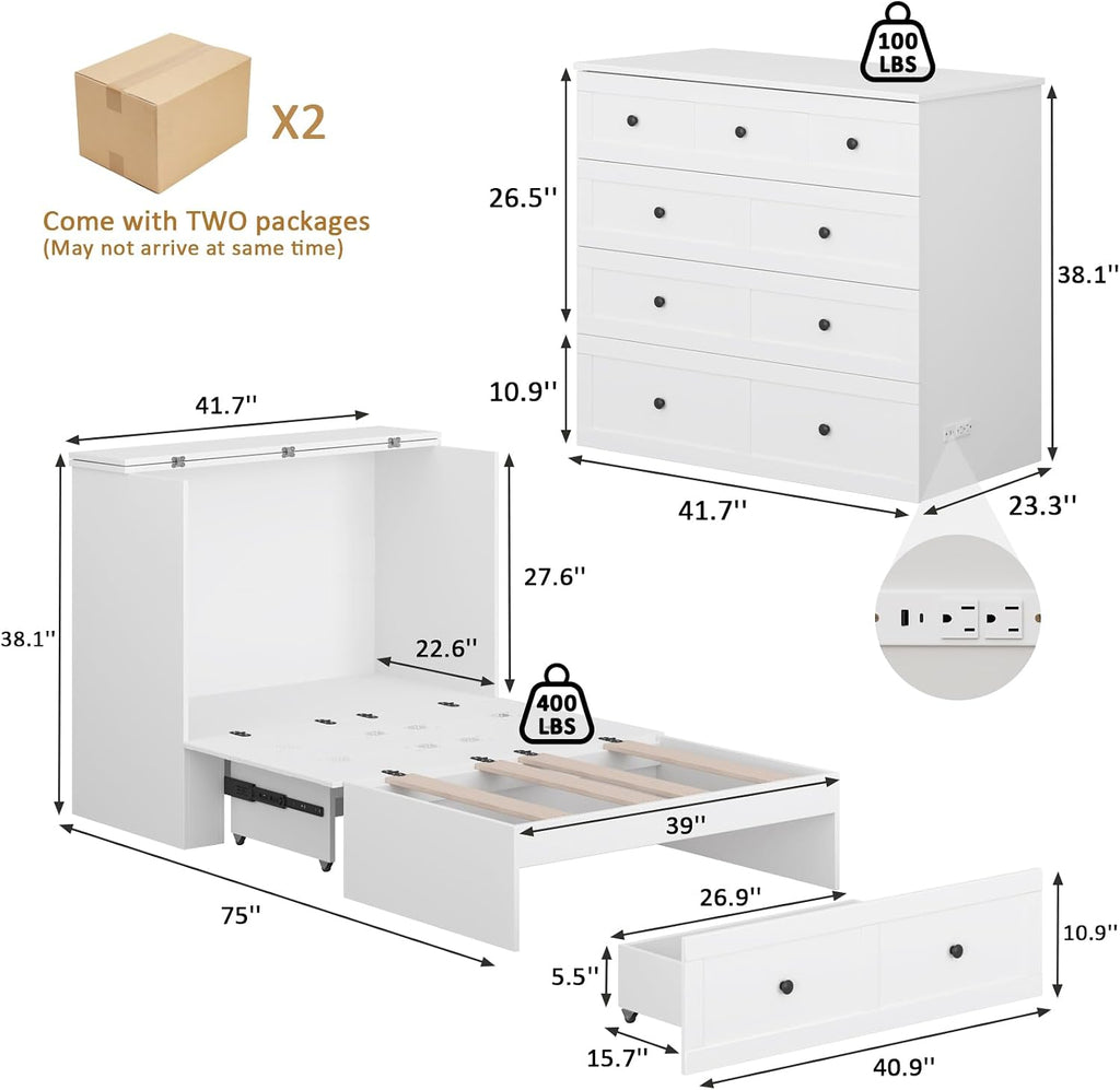 LIVAUVEAD Twin Murphy Bed with Built-in Charging Station, Space-Saving Murphy Bed Chest Twin with Drawer, Foldable, for Home Office Guest Room Bedroom White