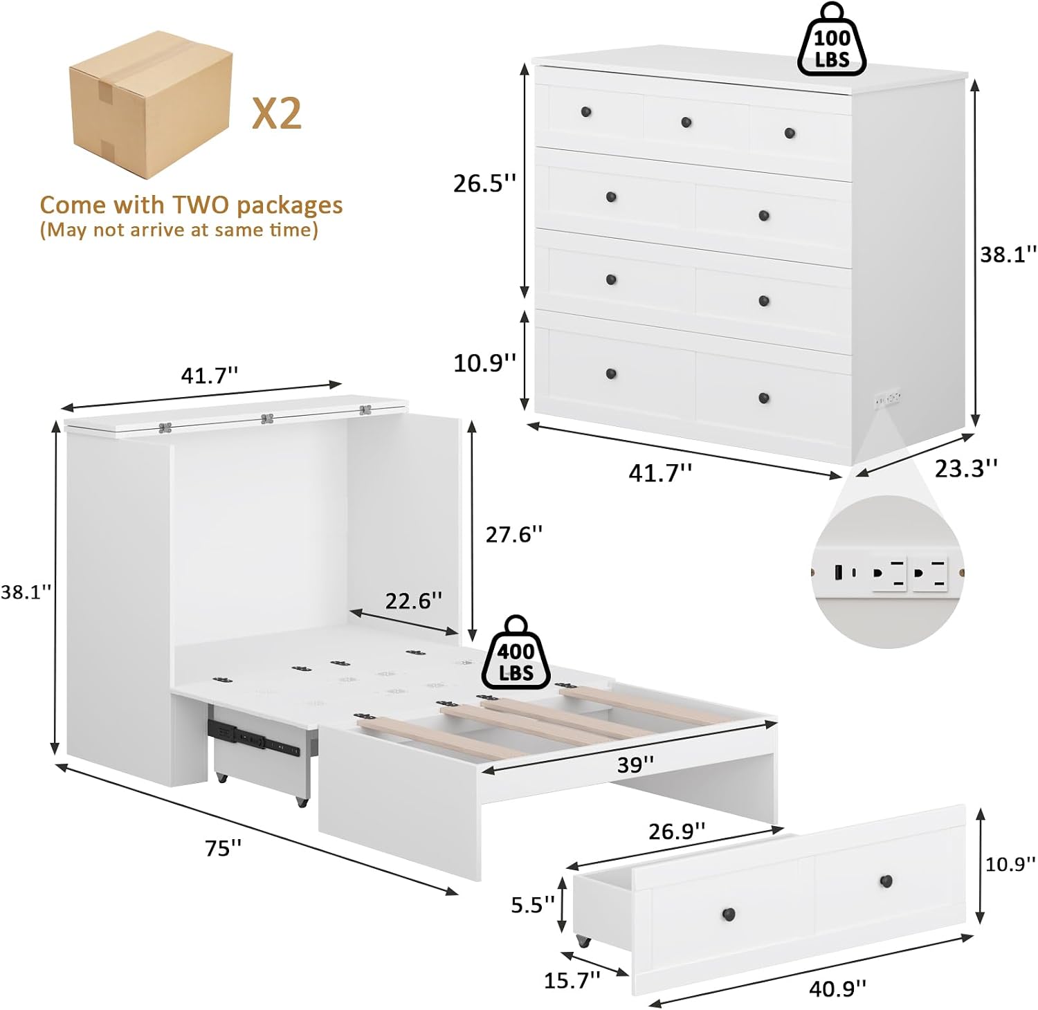 LIVAUVEAD Twin Murphy Bed with Built-in Charging Station, Space-Saving Murphy Bed Chest Twin with Drawer, Foldable, for Home Office Guest Room Bedroom White